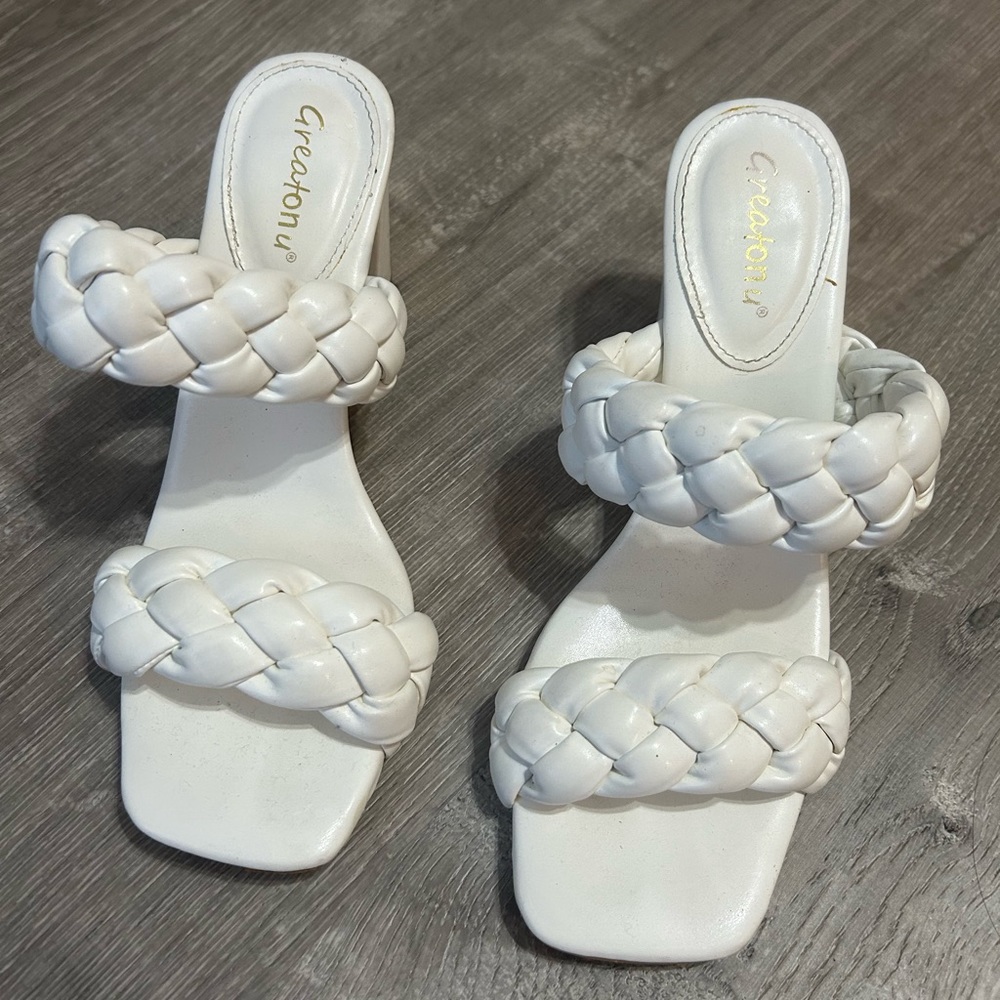 Greatonu White Heeled Braided Sandals 8